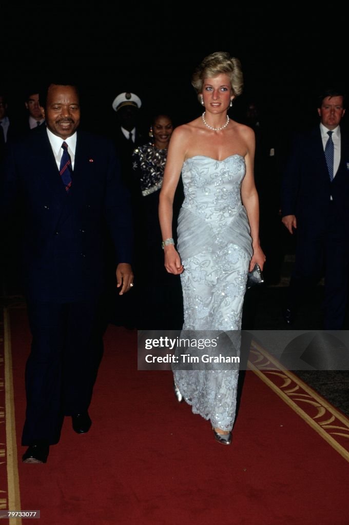 Diana, Princess of Wales arrives for a banquet in Cameroon,