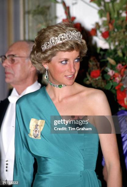Diana, Princess of Wales attending a banquet at Claridges hosted by the President of Turkey, She is wearing the Spencer diamond tiara and Queen...