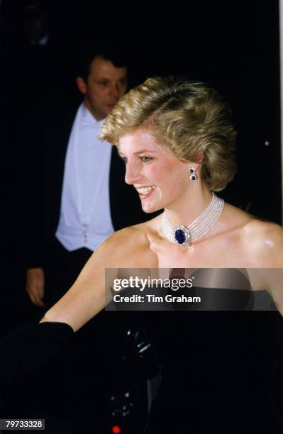 Diana, Princess of Wales arrives for a banquet at Mansion House