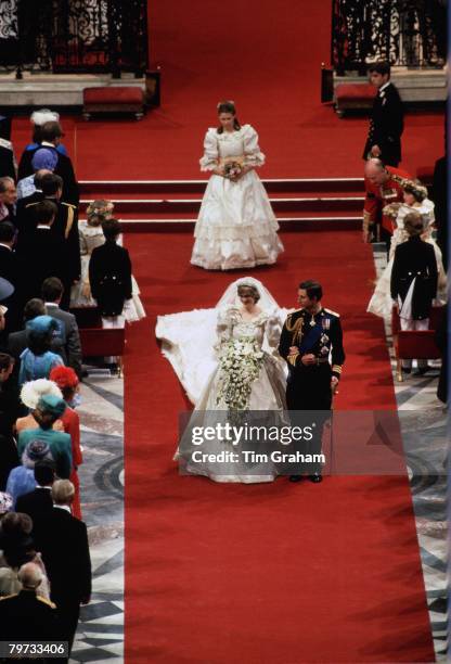 Diana, Princess of Wales and Prince Charles, Prince of Wales on their wedding day at St Paul's Cathedral, Sarah Armstrong-Jones is the bridesmaid...