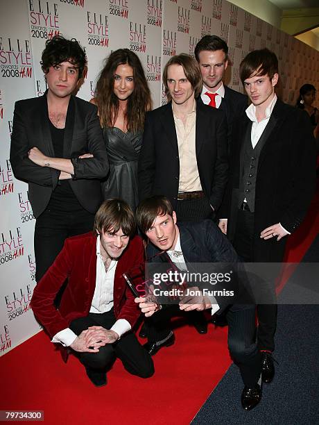 Lisa Snowdon with The Feeling as the hold the Best Music Band Award in the press room at the Elle Style Awards 2008 at The Westway on February 12,...