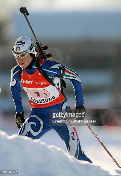 Michaela Ponza of Italy skates during the Mixed 2 x 6 km and 2 x 7,5 km relay of the IBU Biathlon World Championships on February 12, 2008 in...
