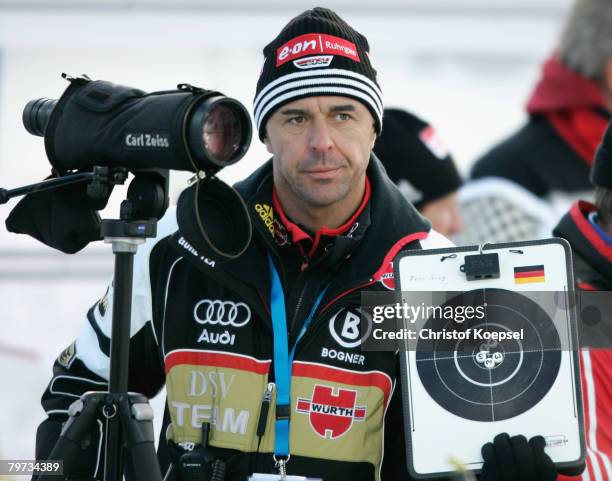 Head coach Frank Ullrich of Germany looks on during the Mixed 2x 6 km and 2x 7,5 km relay of the IBU Biathlon World Championships on February 12,...