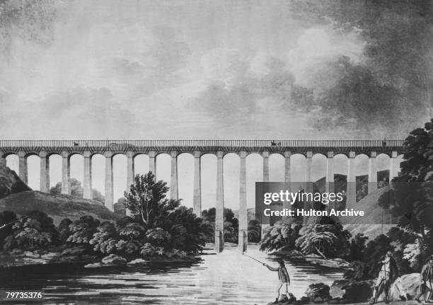 The Pontcysyllte Aqueduct over the River Dee in the Vale of Llangollen, Wales, circa 1810. Built by Thomas Telford and William Jessop, the structure...