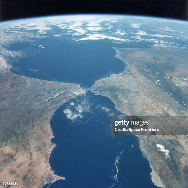 The Strait of Gibraltar, as seen from the space shuttle Endeavour during NASA's STS-77 mission, May 1996. Spain is on the right and Morocco on the...