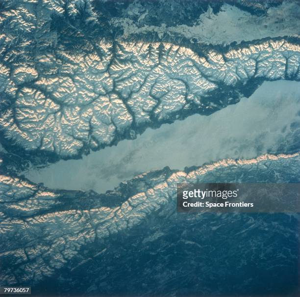 The northern end of Lake Baikal in southern Siberia, as seen from the space shuttle Discovery during NASA's STS-60 mission, February 1994.