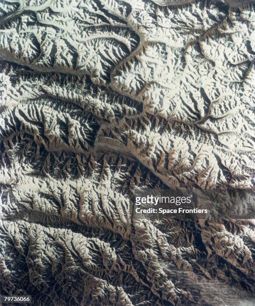 The Karakoram mountains of Pakistan, China and India, as seen from the space shuttle Discovery during NASA's STS-56 mission, April 1993.