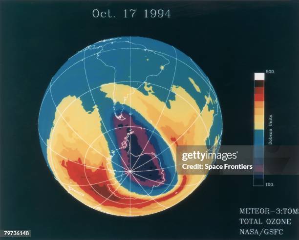 Hole in the ozone layer above the tip of South America, as measured by the Total Ozone Mapping Spectrometer on board Russia's Meteor-3, 17th October...