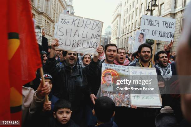 Kurds demonstrating in London after PKK leader Abdullah Ocalan was taken prisoner by Turkey, 20th February 1999.