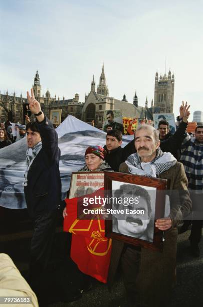 Kurds demonstrating in London after PKK leader Abdullah Ocalan was taken prisoner by Turkey, 20th February 1999.