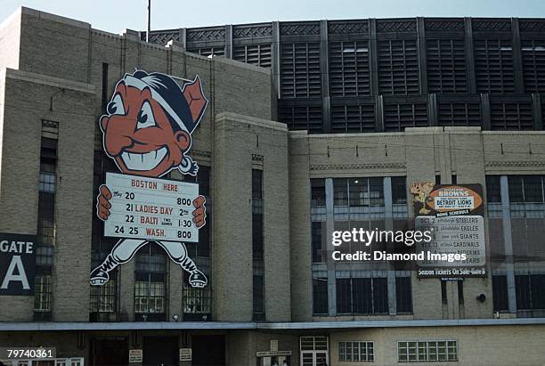 General view of the exterior of Municipal Stadium showing the Chief Wahoo mascot, upcoming games schedule and the Clleveland Browns football schedule...