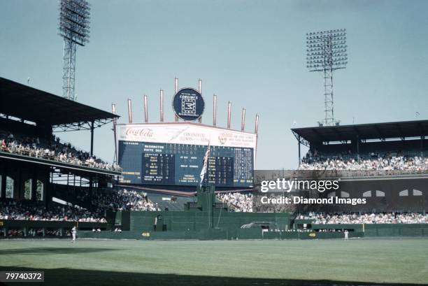 General view of the stadium and centerfield scoreboard during the eigth inning of the first game of a doubleheader on May 22, 1960 between the...