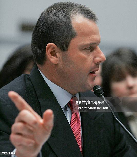 Major League Baseball player Roger Clemens testifies during a House Oversight and Government Reform Committee hearing February 13, 2008 in...