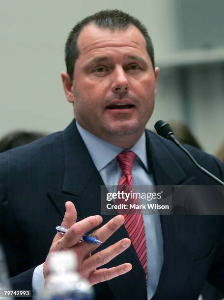 Major League Baseball player Roger Clemens testifies during a House Oversight and Government Reform Committee hearing February 13, 2008 in...