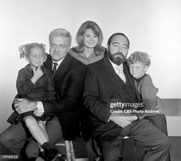 Portrait of the cast of the television series 'Family Affair,' August 10, 1966. Pictured, from left, are American actors Anissa Jones as Buffy, Brian...