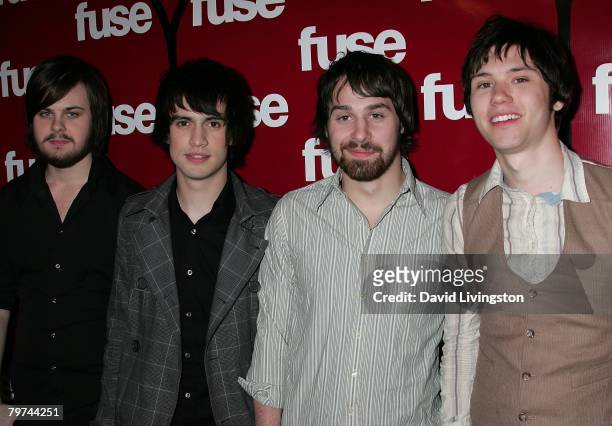 Musicians Spenser Smith, Brendon Urie, Jon Walker and Ryan Ross of Panic At The Disco attend Fuse TV's Grammy party at GOA on February 7, 2008 in...