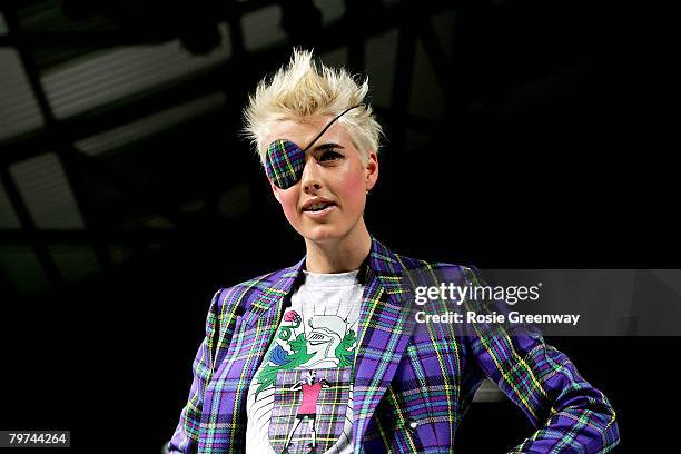 Model Agyness Deyn walks down the runway during the House of Holland LFW Autumn/Winter 2008 show at Village Underground on February 13, 2008 in...