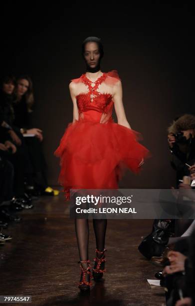 Model walks on the catwalk during the Giles Deacon show at London Fashion Week, on February 13 2008. London Fashion Week is now established as one of...