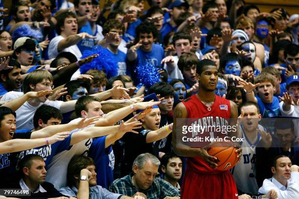 The Cameron Crazies heckle Landon Milbourne of the Maryland Terrapins during the second half at Cameron Indoor Stadium on February 13, 2008 in...