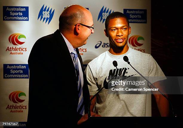 Danold Williamson of the United States is interviewed during a John Landy Lunch Club media conference held by Athletics Australia at the Zilver...
