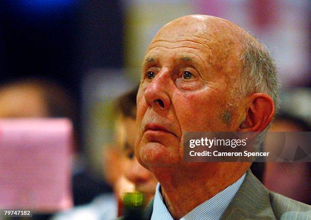 Australian track legend John Landy looks on during a John Landy Lunch Club media conference held by Athletics Australia at the Zilver Restaurant on...