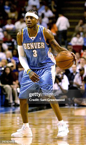 Allen Iverson, #3 of the Denver Nuggets, sets up the offense in a game against the Orlando Magic at Amway Arena on February 13, 2008 in Orlando...