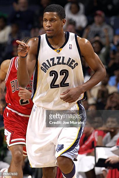 Rudy Gay of the Memphis Grizzlies points during the NBA game against the Chicago Bulls at the FedExForum on January 21, 2008 in Memphis, Tennessee....