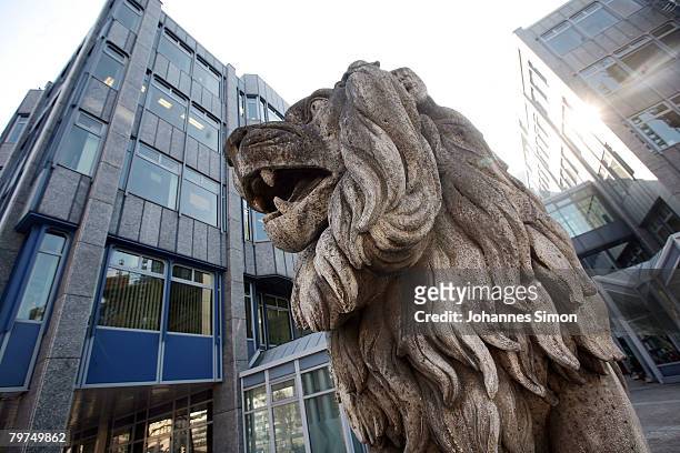 Stone lion, symbol of the Bavarian Landesbank is seen in front of the Bayern LB head quarter on February 14, 2008 in Munich, Germany. Due to the...