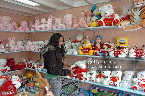 Young Tunisian looks at a Valentine's Day suffed animal in a store in the wealthy shopping district on Habib Bourguiba Avenue in Tunis, on February...