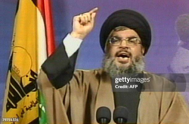 An image grab taken from the Hezbollah-run Manar TV February 14, 2008 shows Hezbollah leader Hassan Nasrallah delivering a speech broadcast during...