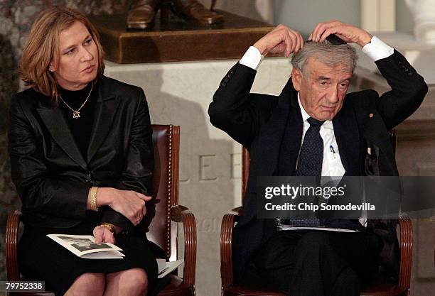 Israeli Foreign Minister Tzipi Livni and Nobel Peace Laureate Elie Wiesel participate in a memorial service for House Foreign Affairs Chairman Tom...