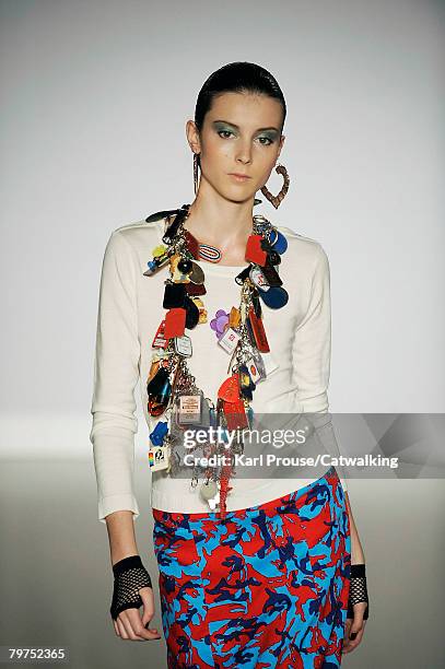 Model walks the runway wearing the Duro Olowu Fall/Winter 2008/2009 collection during London Fashion Week on the 12th of February 2008 in London,...