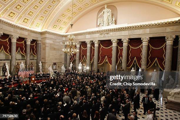 The U.S. Congress holds a memorial service for House Foreign Affairs Chairman Tom Lantos in Statuary Hall at the U.S. Capitol February 14, 2008 in...