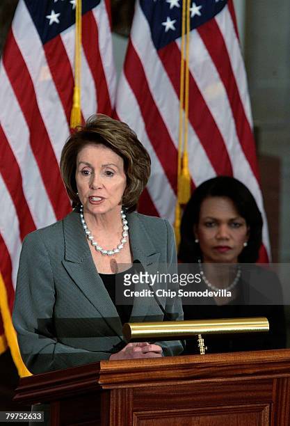 Speaker of the House Nancy Pelosi addresses a memorial service for House Foreign Affairs Chairman Tom Lantos as Secretary of State Condoleeza Rice...