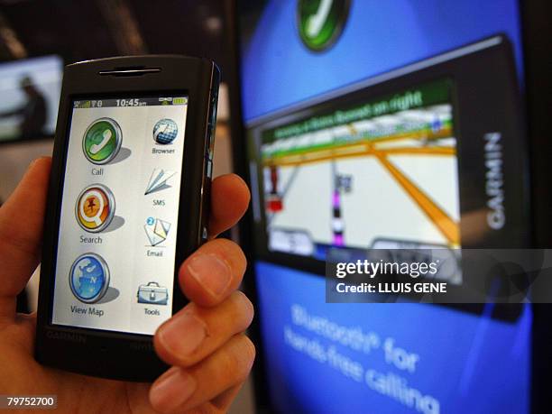 Phone called the Nuvifone by US-based manufacturer Garmin on show at the Mobile World Congress in Barcelona on February 14, 2008. The biggest handset...