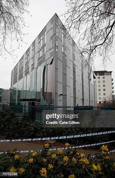 General view of vandalised windows at the Stephen Lawrence Centre on February 14, 2008 in Deptford, London. The centre, which is a tribute to the...