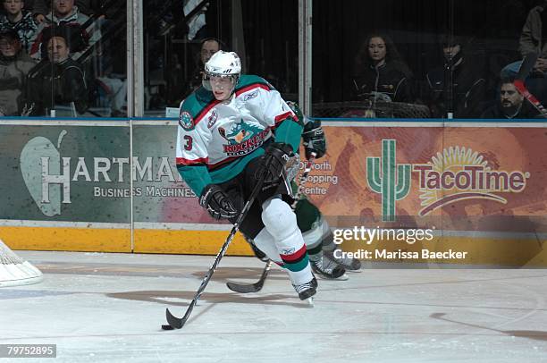 Tyler Myers, #3 of the Kelowna Rockets skates against the Everett Silvertips on January 30 at Prospera Place in Kelowna, Canada