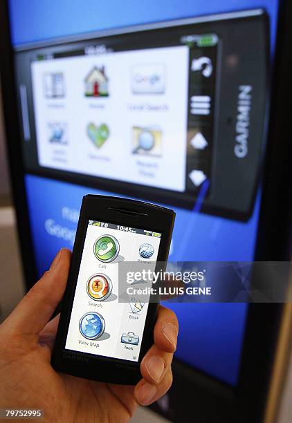 Phone called the Nuvifone by US-based manufacturer Garmin on show at the Mobile World Congress in Barcelona on February 14, 2008. The biggest handset...