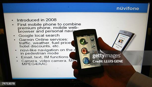 Phone called the Nuvifone by US-based manufacturer Garmin on show at the Mobile World Congress in Barcelona on February 14, 2008. The biggest handset...