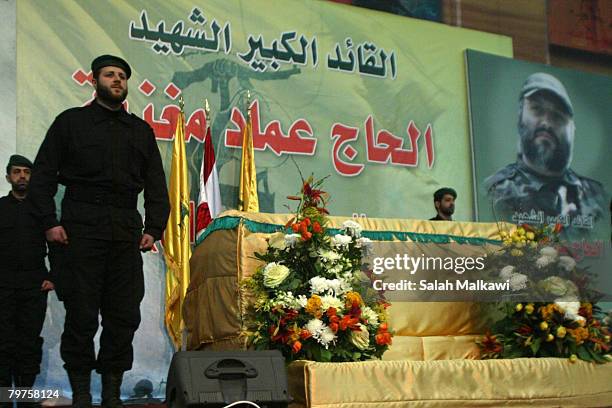 Hezbollah guerrillas pay respect to assassinated commander Imad Moughniyeh at his funeral on February 14, 2008 in a suburb of Beirut, Lebanon....