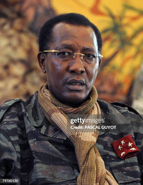 File photo taken on February 6, 2008 shows Chadian President Idriss Deby answering journalists' questions after a meeting with French Defence...