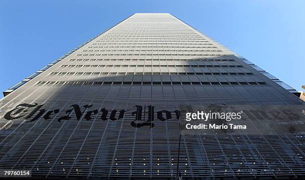The New York Times headquarters is seen February 14, 2008 in New York City. The Times will eliminate 100 newsroom jobs, following a decline in...