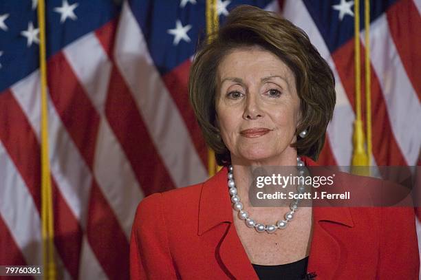 Feb. 14: House Speaker Nancy Pelosi, D-Calif., during her weekly news conference as House Republicans left the chamber en masse Thursday to protest...