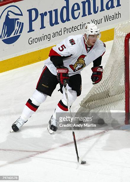 Christoph Schubert of the Ottawa Senators skates with the puck against the New Jersey Devils during their game at the Prudential Center on February...