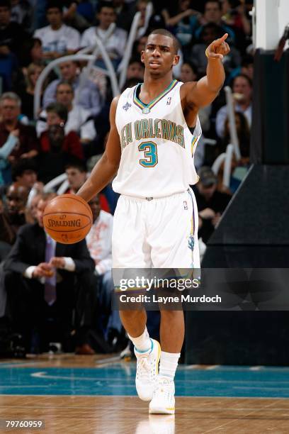 Chris Paul of the New Orleans Hornets dribbles against the Charlotte Bobcats during the game on January 18, 2008 at the New Orleans Arena in New...