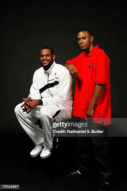 LeBron James and Daniel Gibson of the Cleveland Cavaliers pose for a portrait during All Star Media Availability at the Sheraton New Orleans February...