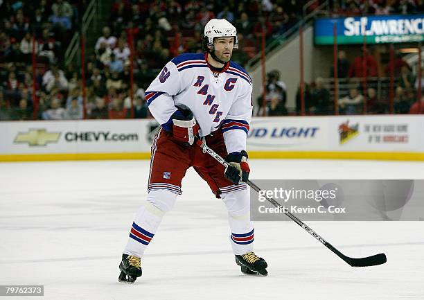 Jaromir Jagr of the New York Rangers skates against the Carolina Hurricanes during their NHL game at RBC Center on January 29, 2008 in Raleigh, North...