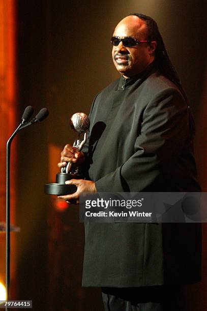 Singer Stevie Wonder accepts the Image Awards Hall of Fame award onstage during the 39th NAACP Image Awards held at the Shrine Auditorium on February...