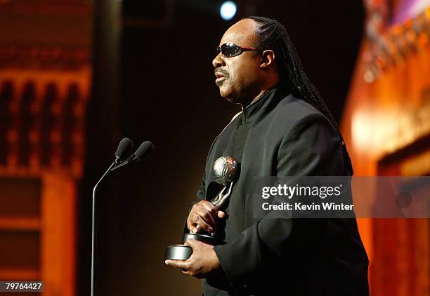 Singer Stevie Wonder accepts the Image Awards Hall of Fame award onstage during the 39th NAACP Image Awards held at the Shrine Auditorium on February...