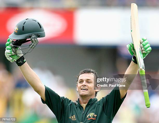 Adam Gilchrist of Australia celebrates scoring his century during the Commonwealth Bank Series match between Australia and Sri Lanka held at the WACA...